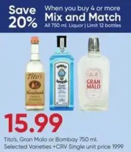 Stater Bros Tito's, Gran Malo or Bombay offer