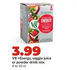 Hy-Vee V8 + Energy, veggie juice or powder drink mix offer