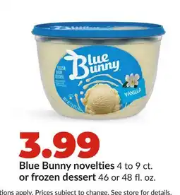 Hy-Vee Blue Bunny novelties 4 to 9 ct. or frozen dessert 46 or 48 fl. oz offer
