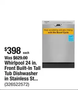 The Home Depot Whirlpool 24 in. Front Built-In Tall Tub Dishwasher in Stainless Steel with 4 -Cycles offer