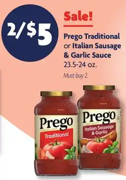 Family Dollar Prego Traditional or Italian Sausage & Garlic Sauce offer