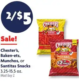 Family Dollar Chester's, Baken‑ets, Munchos, or Santitas Snacks offer