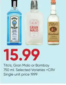 Stater Bros Tito's, Gran Malo or Bombay offer
