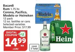 Albertsons Bacardi Rum 1.75 ltr. Corona, Pacifico, Modelo or Heineken 12 pack 12 oz. bottles or cans offer