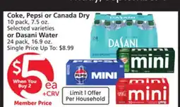 Albertsons Coke, Pepsi or Canada Dry 10 pack, 7.5 oz. Selected varieties or Dasani Water 24 pack, 16.9 oz offer
