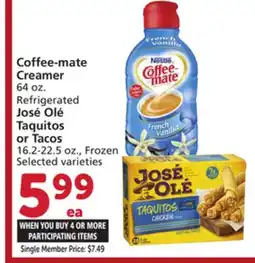Vons Coffee-mate Creamer 64 oz. Refrigerated José Olé Taquitos or Tacos 16.2-22.5 oz offer