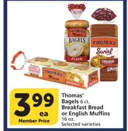 Albertsons Thomas' Bagels 6 ct. Breakfast Bread or English Muffins 16 oz offer