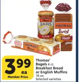Vons Thomas' Bagels 6 ct. Breakfast Bread or English Muffins 16 oz offer