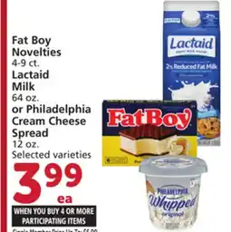 Vons Fat Boy Novelties 4-9 ct. Lactaid Milk 64 oz. or Philadelphia Cream Cheese Spread 12 oz offer