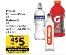 Vons Propel Fitness Water 20 oz. Gatorade 28 oz. or Purified Water 23.7 oz offer