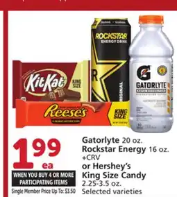 Vons Gatorlyte 20 oz. Rockstar Energy 16 oz. + CRV or Hershey's King Size Candy 2.25-3.5 oz offer