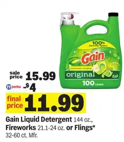 Meijer Gain Liquid Detergent 144 oz., Fireworks 21.1-24 oz. or Flings offer