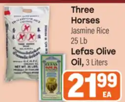 Tony’s Fresh Market Three Horses Jasmine Rice 25 lb, Lefas Olive Oil 3 Liters offer