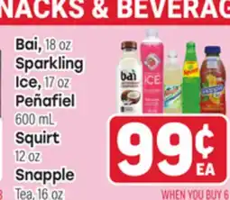 Tony’s Fresh Market Bai, 18 oz Sparkling Ice, 17 oz. Peñafiel 600 mL, Squirt 12 oz, Snapple Tea, 16 oz offer