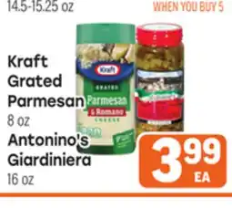 Tony’s Fresh Market Kraft Grated Parmesan 8oz, Antonino's Giardiniera 16oz offer