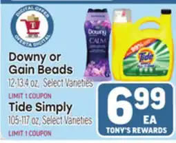 Tony’s Fresh Market Downy or Gain Beads 12-13.4oz, Tide Simply 105-117oz offer