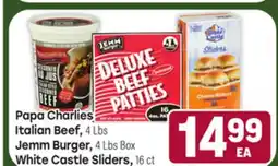 Tony’s Fresh Market Papa Charlies Italian Beef, 4 Lbs Jemm Burger, 4 Lbs Box, White Castle Sliders, 16ct offer