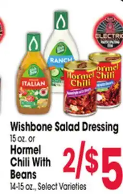 Jewel-Osco Wishbone Salad Dressing 15 oz. or Hormel Chili With Beans 14-15 oz offer