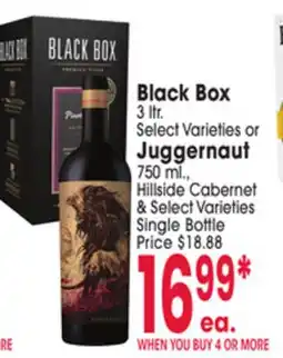 Jewel-Osco Black Box 3 ltr. Select Varieties or Juggernaut 750 ml., Hillside Cabernet & Select Varieties offer