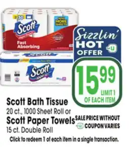 Jewel-Osco Scott Bath Tissue 20 ct., 1000 Sheet Roll or Scott Paper Towels 15 ct. Double Roll offer