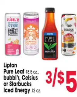 Jewel-Osco Lipton Pure Leaf 18.5 oz., bubbl'r, Celsius or Starbucks Iced Energy 12 oz offer