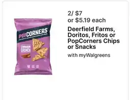 Walgreens Deerfield Farms, Doritos, Fritos or PopCorners Chips or Snacks offer