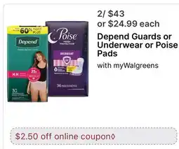 Walgreens Depend Guards or Underwear or Poise Pads offer
