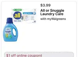 Walgreens All or Snuggle Laundry Care offer
