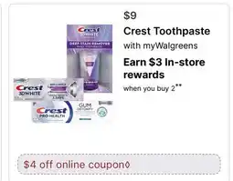 Walgreens Crest Toothpaste offer