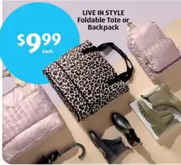 Aldi LIVE IN STYLE Foldable Tote or Backpack offer