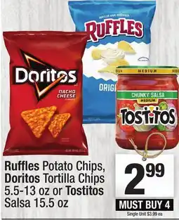 Super King Markets Ruffles Potato Chips, Doritos Tortilla Chips 5.5-13 oz or Tostitos Salsa 15.5 oz offer