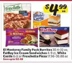 Winn Dixie El Monterey Family Pack Burritos, FatBoy Ice Cream Sandwiches, White Castle, Freschetta Pizza offer