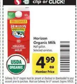 Safeway Horizon Organic Milk offer