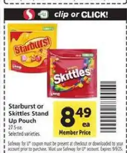 Safeway Starburst or Skittles Stand Up Pouch offer
