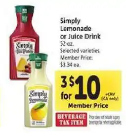 Safeway Simply Lemonade or Juice Drink offer