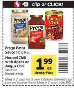 Safeway Prego Pasta Sauce or Hormel Chili offer