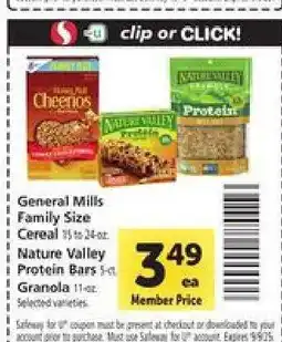 Safeway General Mills Family Size Cereal, Nature Valley Protein Bars, Granola offer