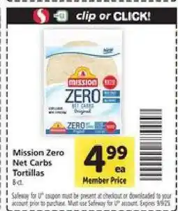 Safeway Mission Zero Net Carbs Tortillas offer