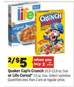 Meijer Quaker Cap'n Crunch or Life Cereal offer