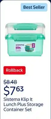 Walmart Sistema Klip It Lunch Plus with Sandwich Plastic Food Storage Containers, Set of 2 offer