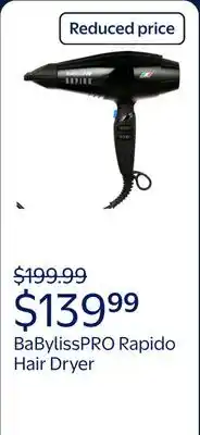 Walmart BaBylissPRO Rapido Professional Hair Dryer, Black, Made in Italy offer