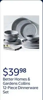 Walmart Better Homes & Gardens-Collins Grey Stoneware 12-Piece Dinnerware Set offer