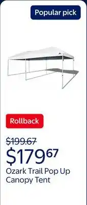 Walmart Ozark Trail 20x10 ft Pop Up Canopy Tent with Wheeled Bag, White, Straight Leg offer