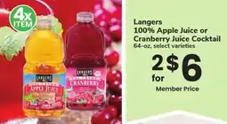 Albertsons Langers 100% AppleJuice or Cranberry Juice Cocktail offer