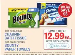 Kings Food Markets 9 CT. MEGA ROLLS CHARMIN BATH TISSUE 6 CT. DOUBLE ROLLS BOUNTY PAPER TOWELS offer