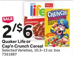 Stop&Shop Quaker Life or Cap'n Crunch Cereal offer