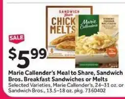 Stop&Shop Marie Callender’s Meal to Share, Sandwich Bros. Breakfast Sandwiches or Melts offer