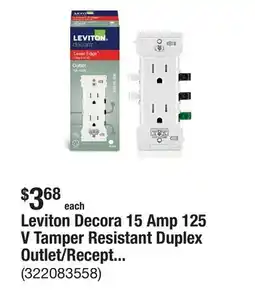 The Home Depot Leviton Decora 15 Amp 125 V Tamper Resistant Duplex Outlet/Receptacle, White (1-Pack) E5325-SW offer