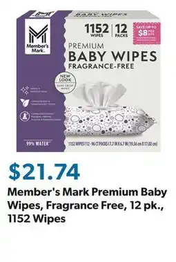 Sam's Club Member's Mark Premium Baby Wipes, Fragrance Free, 12 pk., 1152 Wipes offer