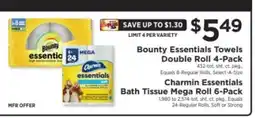 ShopRite Bounty Essentials Towels Double Roll 4-Pack / Charmin Essentials Bath Tissue Mega Roll 6-Pack offer